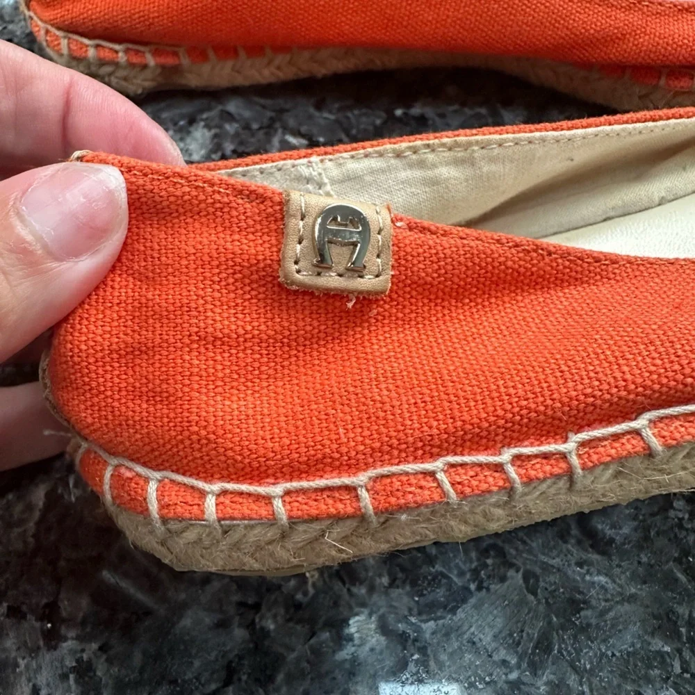Etienne Aigner Orange Espadrille Flats with Floral Detail Leather Upper Size 6